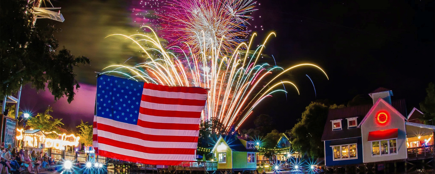 American flag with fireworks behind it