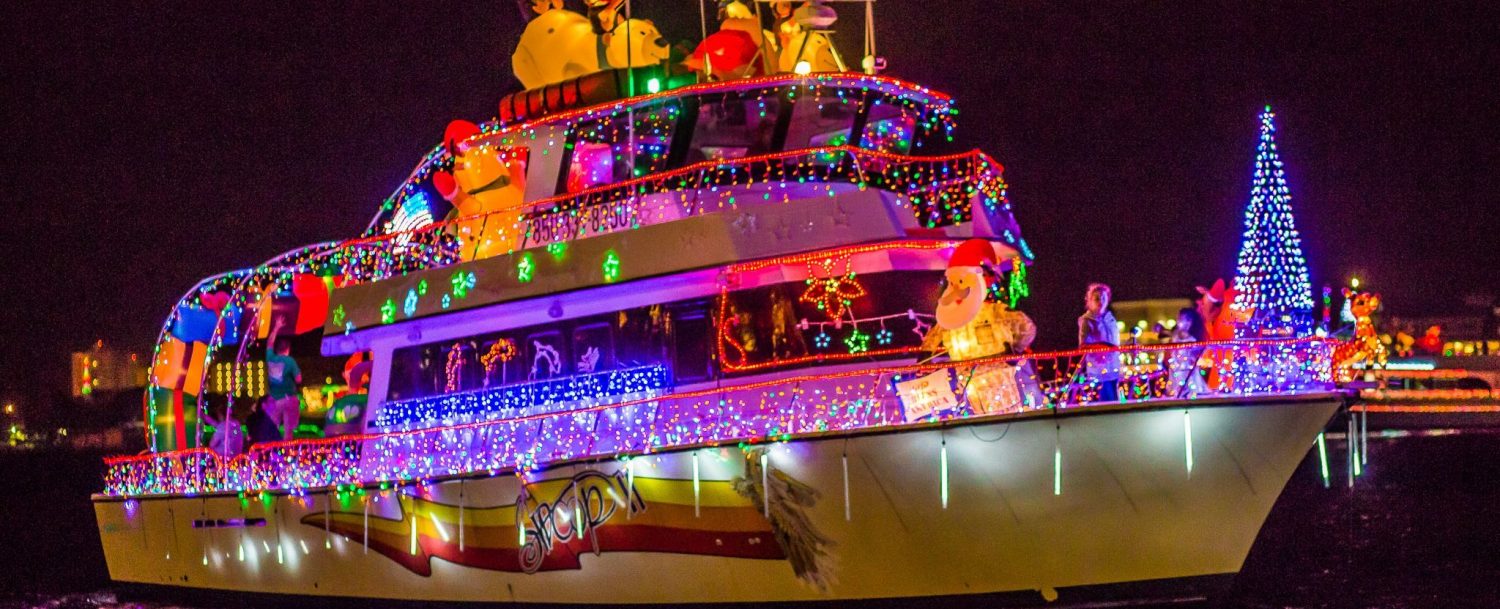 Yacht decked out with Christmas lights for the Harbor Destin Boat Parade