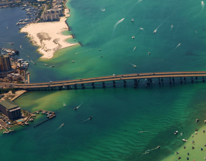 Overhead view of Destin Harbor including Crab Island